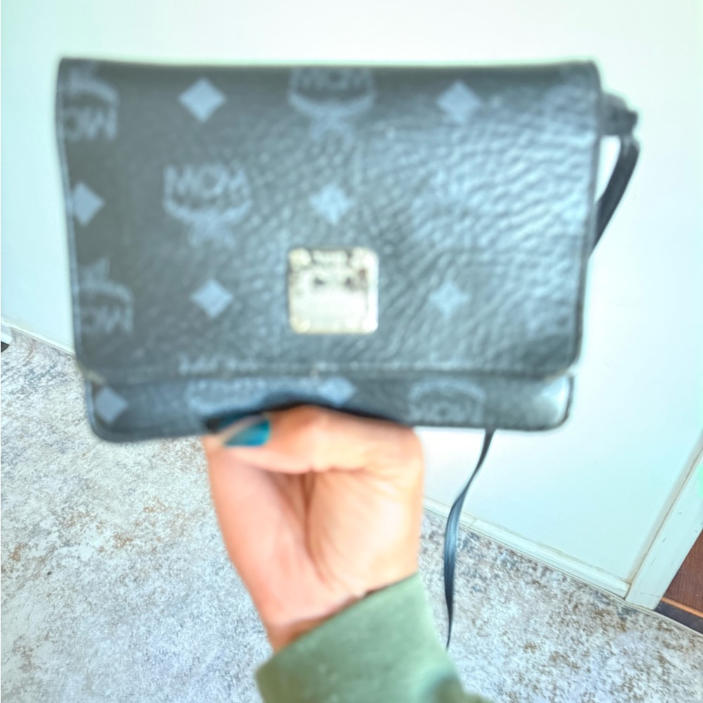 MCM Black Monogram Leather Crossbody Pouch with Gold Plaque